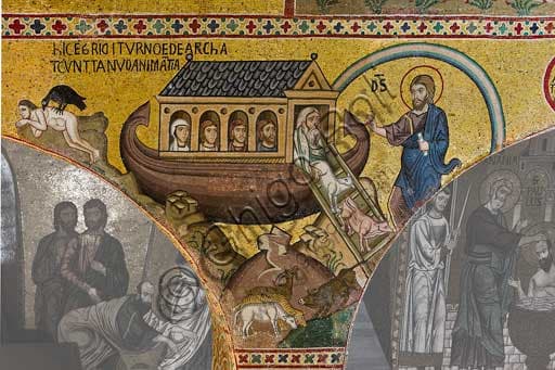 Detail of the Byzantine mosaic depicting Noah landing the animals from the Ark, Palatine Chapel, Palazzo dei Normanni, Palermo, 12th century.