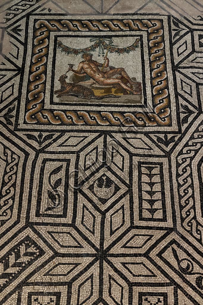 Roman mosaic floor detail depicting Dionysus and a panther, House of Dionysus, Brescia Italy