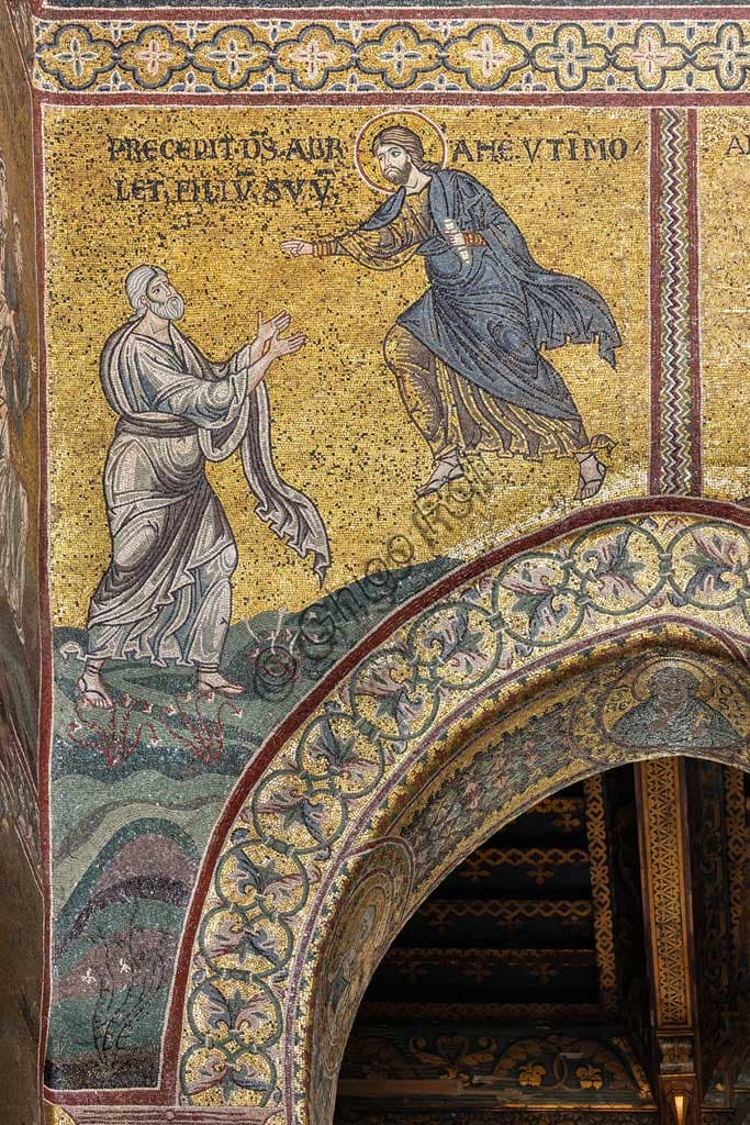 Dettaglio mosaico bizantino Sacrificio di Isacco, Duomo di Monreale, Palermo