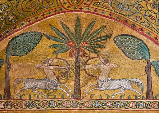 Detail of King Roger Room mosaic: centaur and palm and banana trees in the Norman Palace, Palermo