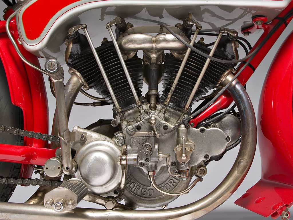 Photograph of the vintage Motoborgo 500 motorcycle, 1922 model with V-twin engine, in restored condition.