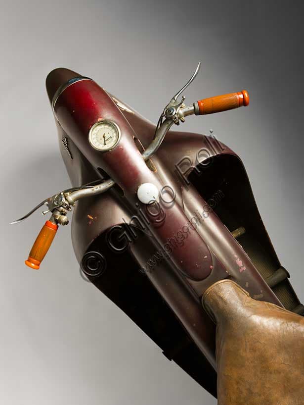 Vintage Mayor 1947 motorcycle, historical prototype by Salvatore Maiorca with elastic wheels