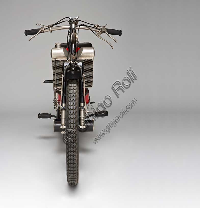 Vintage 1926 Scott Super Squirrel motorcycle, restored two-stroke twin, side view