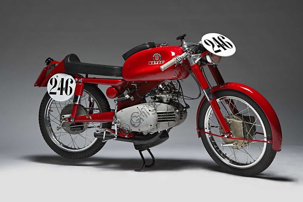 Motobi Gran Sport 250 GSS Competition 1956, restored vintage motorcycle with a two-stroke, horizontally opposed twin-cylinder engine.
