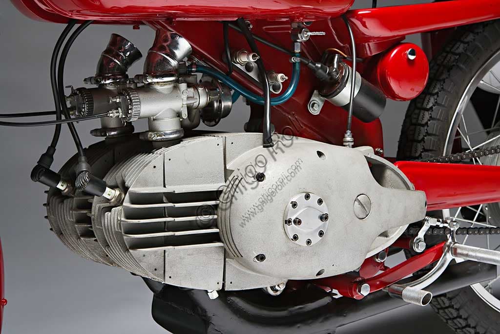 Restored 1956 Motobi Gran Sport 250 GSS Competition motorcycle, horizontal twin-cylinder engine