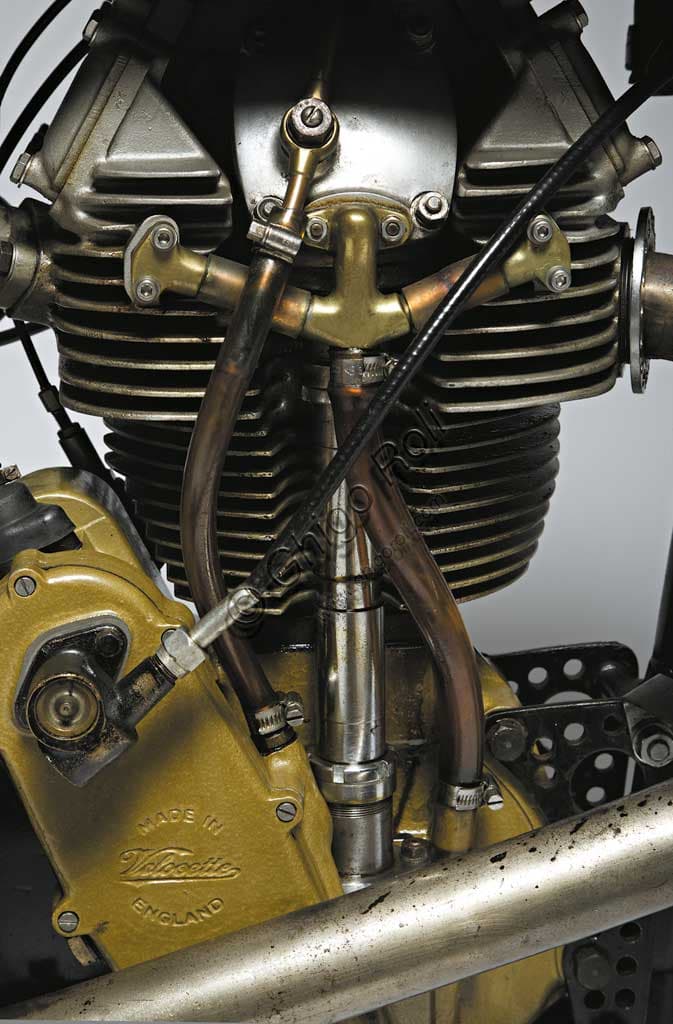 Restored engine of the vintage Velocette K TT Mk VIII motorcycle, 1939 model with magnesium casings