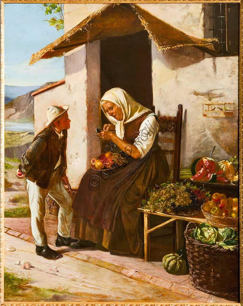 Dipinto 'Dall'ortolano' di Narciso Malatesta, olio su tela, scena di mercato con venditore di frutta e verdura, Collezione Assicoop Unipol
