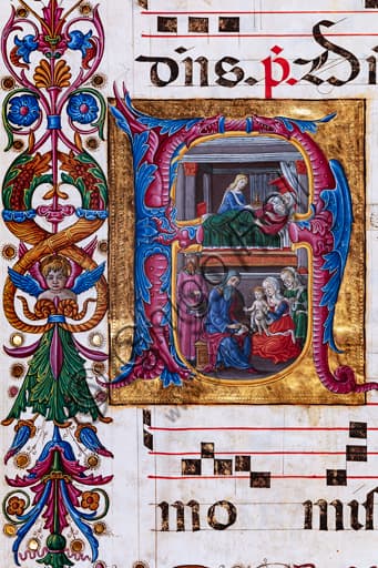 Detail of Nativity of St John the Baptist miniature, Guidoccio Cozzarelli, Choir Book 15.q, Piccolomini Library
