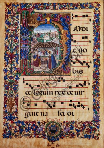 Illumination of the Nativity, folio 5v of choir book 2.B, Piccolomini Library, Siena Cathedral