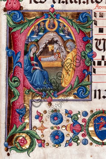 Detail of the Nativity miniature by Pellegrino di Mariano in the choir book of the Piccolomini Library, Siena Cathedral