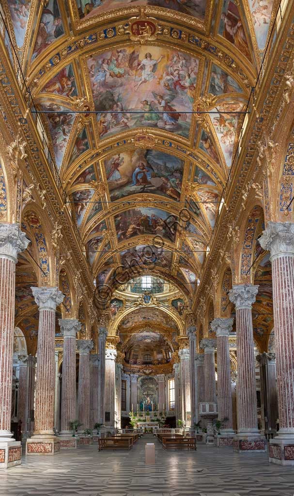 Perspective view of the nave in the Basilica of SS. Annunziata del Vastato in Genoa, Italy