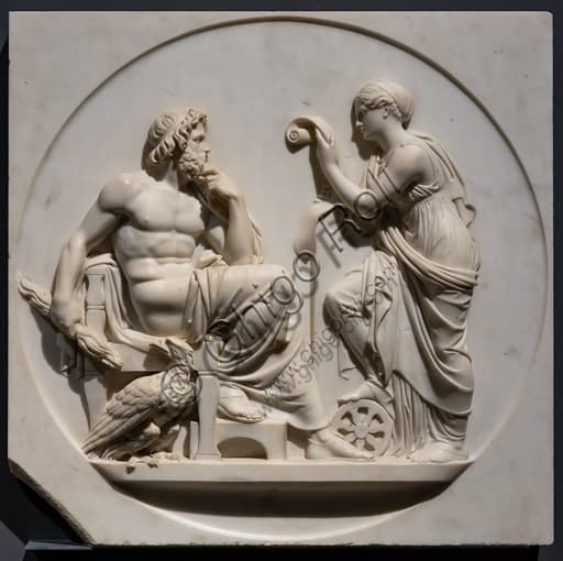 Marble sculpture by Bertel Thorvaldsen: Nemesis recites the deeds of men to Jupiter