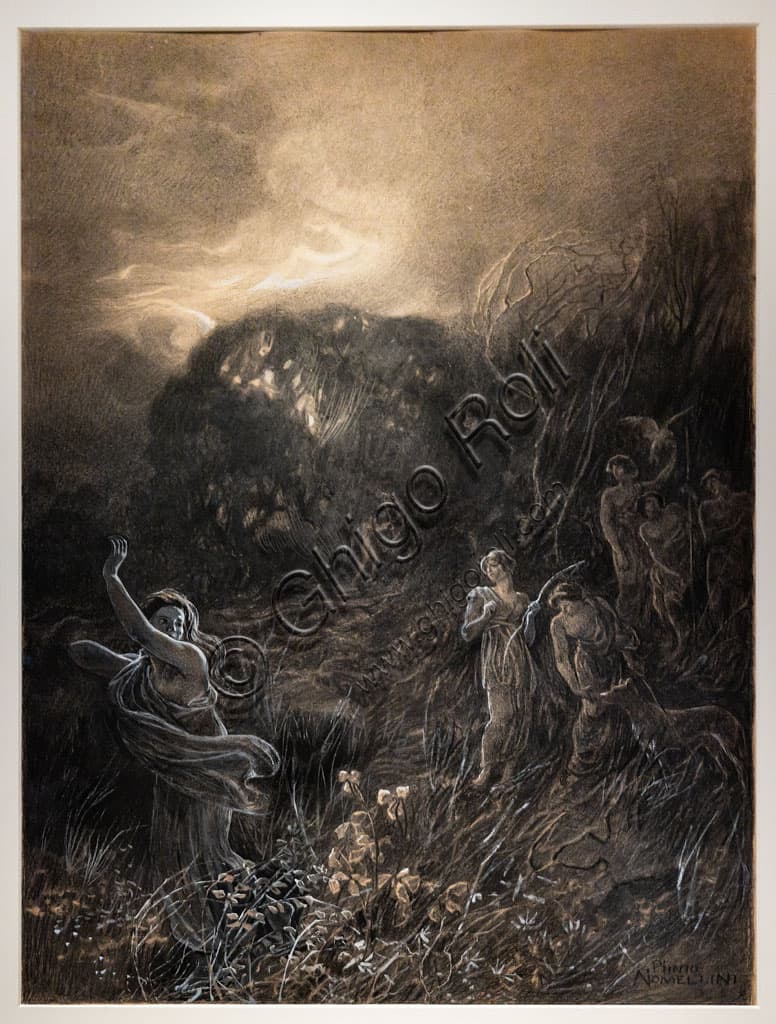 Illustrazione Elice cacciata da Diana, Purgatorio canto XXV, Plinio Nomellini 1902