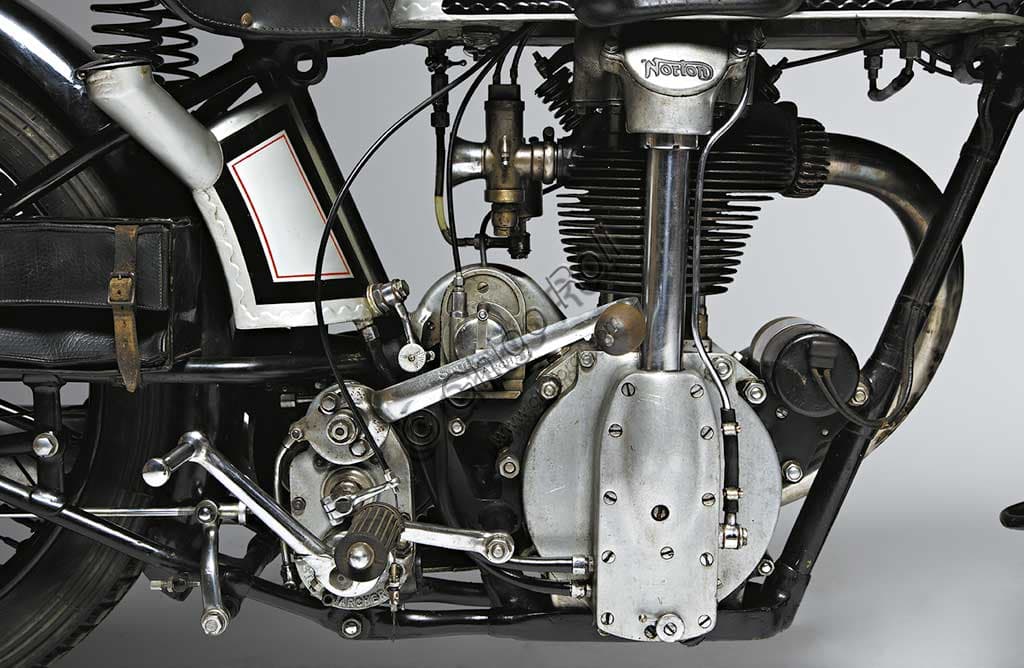 Vintage 1928 Norton 500 CS1 Camshaft One motorcycle in restored condition, side view showing engine and Webb fork