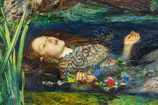 Dettaglio del dipinto Ophelia di John Everett Millais, preraffaellita, olio su tela 1851-1852