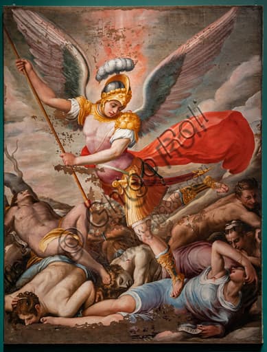 Painting St. Michael Archangel trampling seven deadly sins by Orazio Alfani