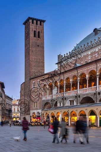 Palazzo della Ragione Padua at night, night lighting viewed from Piazza delle Erbe square