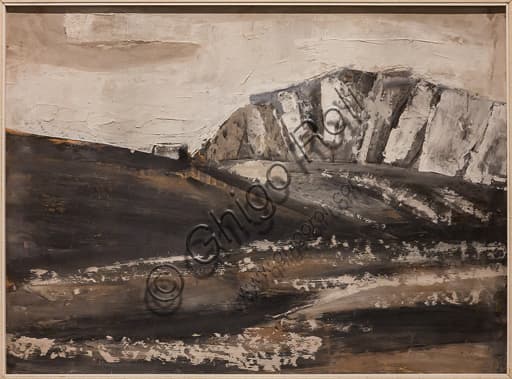 Dolomiti Landscape painting by Mario Sironi, tempera on hardboard from 1934 displayed at the Museo Novecento in Florence
