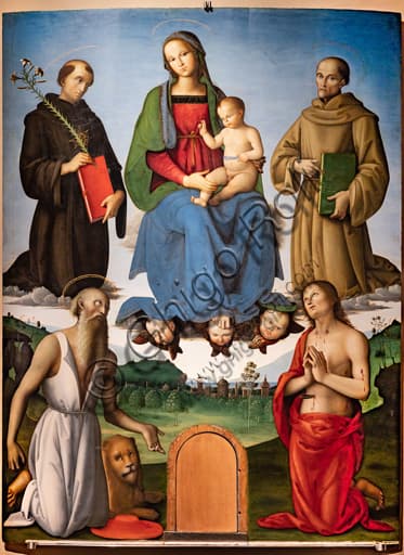Dipinto Pala Tezi di Perugino, Madonna con Bambino e Santi Nicola, Bernardino, Girolamo, Sebastiano