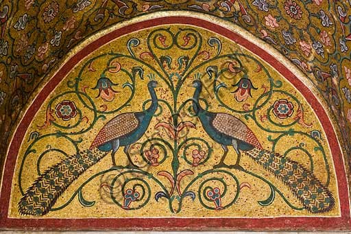Detail of Byzantine mosaic: peacocks on golden background in the lunette, King Roger Room, Palace of the Normans, Palermo