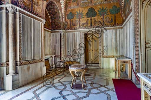 View of the Byzantine mosaics in the King Roger Room at the Palace of the Normans in Palermo, with hunting scenes and exotic animals