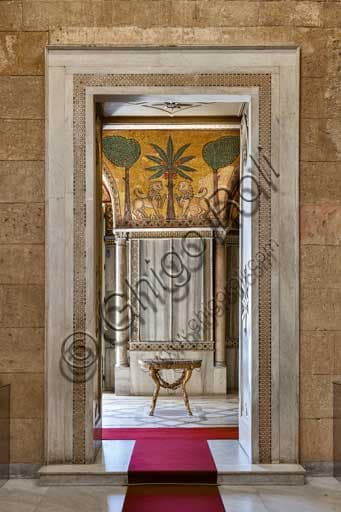 Architectural detail of the entrance door to the King Ruggero Room in the Palace of the Normans (Royal Palace) of Palermo, Joharia Tower.