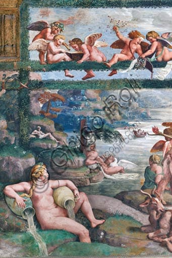 Fresco detail of Cupid and Psyche's wedding banquet, West wall, Chamber of Cupid and Psyche, Palazzo Te Mantua, by Giulio Romano (1526-1528)