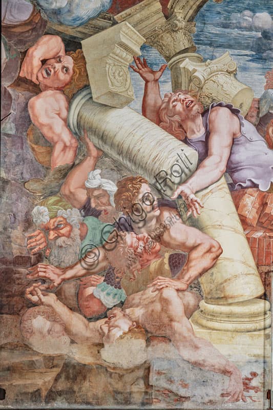 Veduta della parete settentrionale della Camera dei Giganti, Palazzo Te Mantova, affresco di Giulio Romano