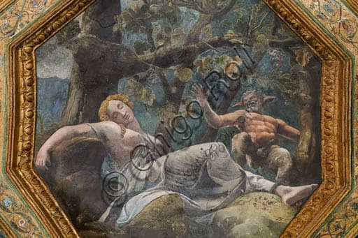 Detail of Cupid and Psyche fresco at Palazzo Te: sleeping Psyche with satyr and grapes, by Giulio Romano