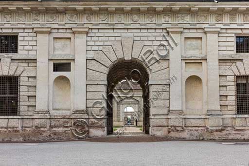 View of the main entrance portal on the eastern façade of Palazzo Te in Mantua, architecture by Giulio Romano