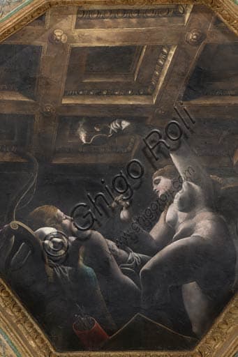 Detail fresco Psyche enlightening sleeping Eros, vault Chamber of Cupid and Psyche, Palazzo Te Mantua, Giulio Romano