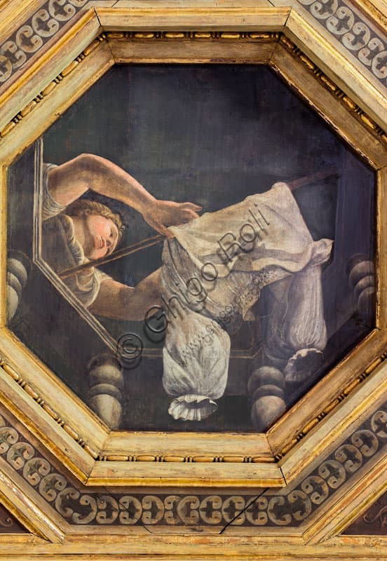 Detail of the coffered ceiling at Palazzo Te in Mantua: painting of a woman hanging a shirt by Agostino da Mozzanica, 1528.