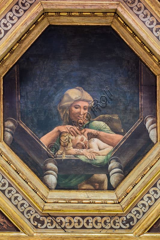 Detail of the coffered ceiling at Palazzo Te Mantua: painting by Agostino da Mozzanica with woman picking fleas from child's hair