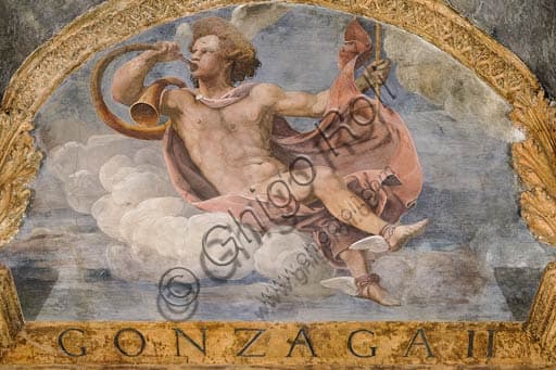 Detail of the fresco on the vault in the Hall of Amor and Psyche at Palazzo Te Mantua: lunette with Mercury painted by Giulio Romano