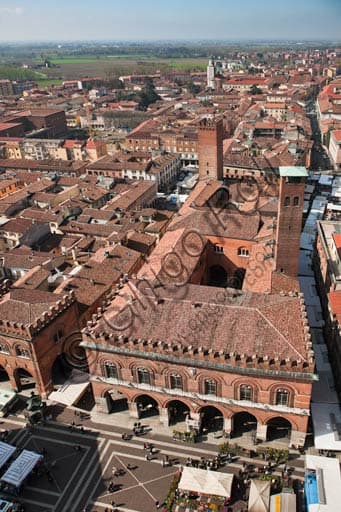 Aerial panoramic view of Cremona Italy from the Torrazzo bell tower with the Town Hall Palace below