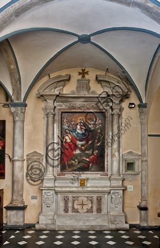 Dipinto Madonna con Bambino e Santi di Paolo Girolamo Piola, altare laterale del Battistero nel Duomo di Genova
