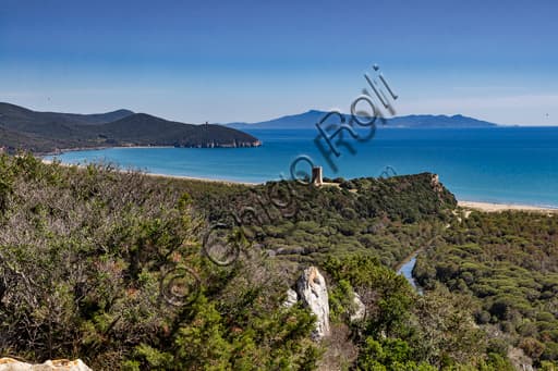 View of Maremma Regional Park with Cala Forno, Collelungo Tower and Beach with the Argentario Promontory in the background