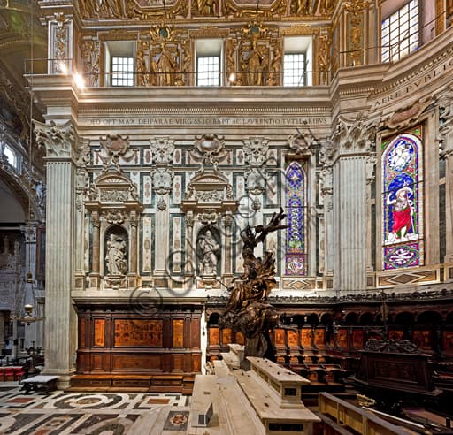 Interior view of the north wall in the presbytery of St. Lawrence Cathedral in Genoa, Italy