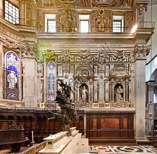 Architecture of the south presbytery wall, interior of St. Lawrence Cathedral in Genoa