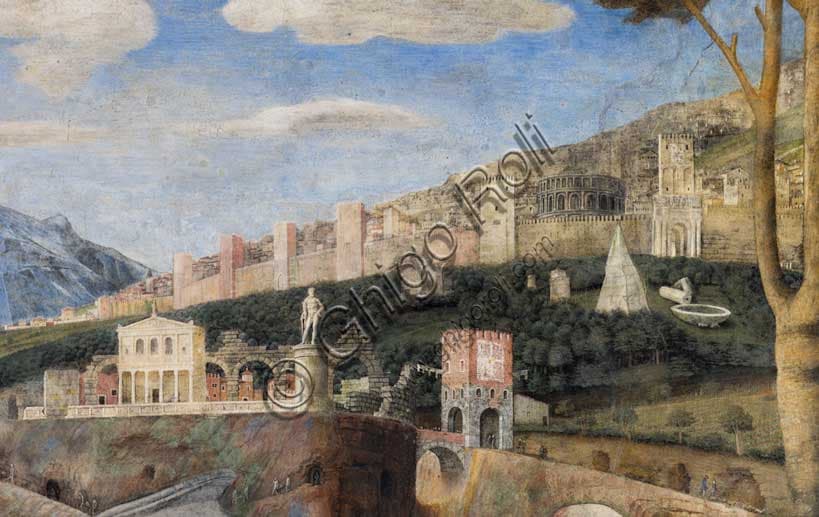 Detail of the right wall of Mantegna's Camera Picta: fresco with court procession and ideal Rome background in the Ducal Palace, Mantua.