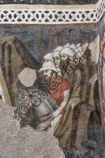 Detail of the frescoes with knights in the Painted Room, Rocca Albornoz of Spoleto, late-Gothic pictorial cycle of the Teseida.