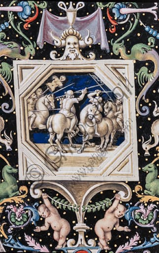 Particolare di affresco con cavallo in combattimento, dettaglio della volta della Libreria Piccolomini nel Duomo di Siena