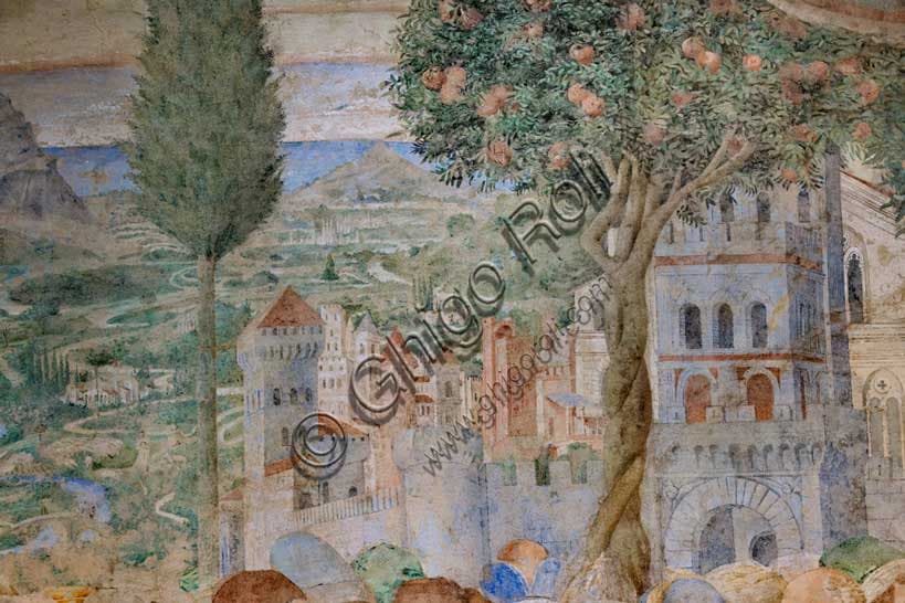Particolare dell'affresco della Torre di Babele con alberi, paesaggio urbano e di campagna, Benozzo Gozzoli, Camposanto Pisa