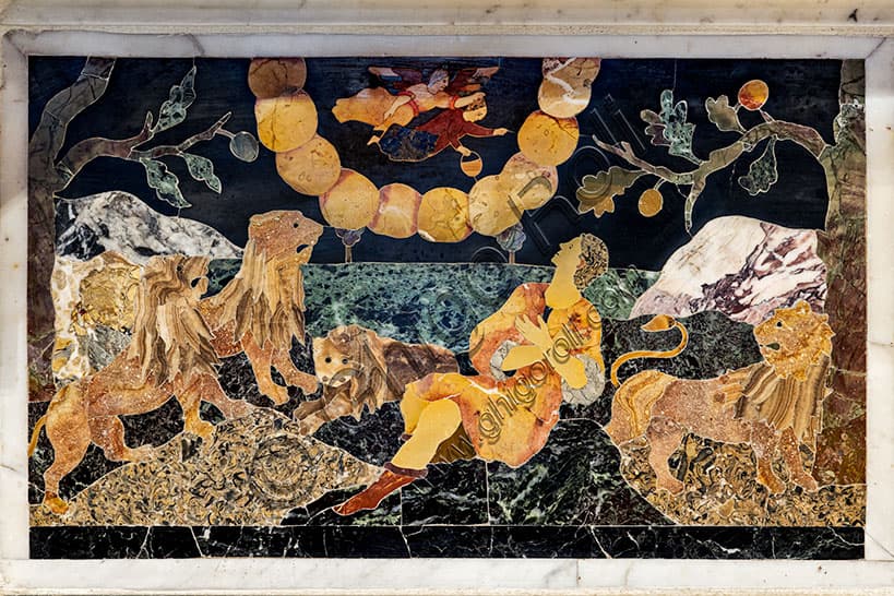 Detail of the main altar, Santa Corona Church Vicenza: Habakkuk brought by the angel feeds Daniel in the lions' den