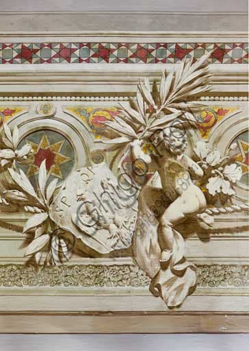 Close-up of the decorative frieze with the royal eagle, vault of the Viceroy Room, Palace of the Normans, Palermo. Wall painting by Salvatore Gregorietti (1901).