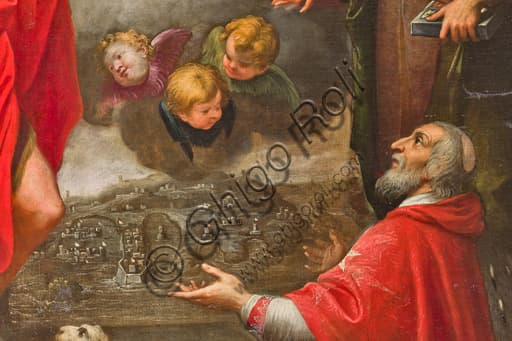 Particolare dipinto Paolo Girolamo Piola: Pierre d'Aubusson mostra il porto di La Valletta a Malta, interno Duomo di Genova