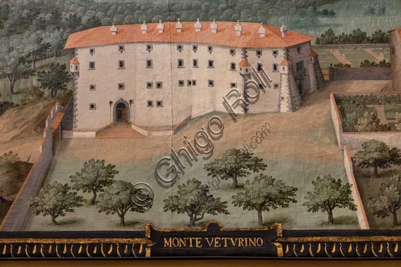 Detail of the lunette showing the aerial view of the Medici Villa of Montevettolini in Monsummano Terme, painted by Giusto Utens.