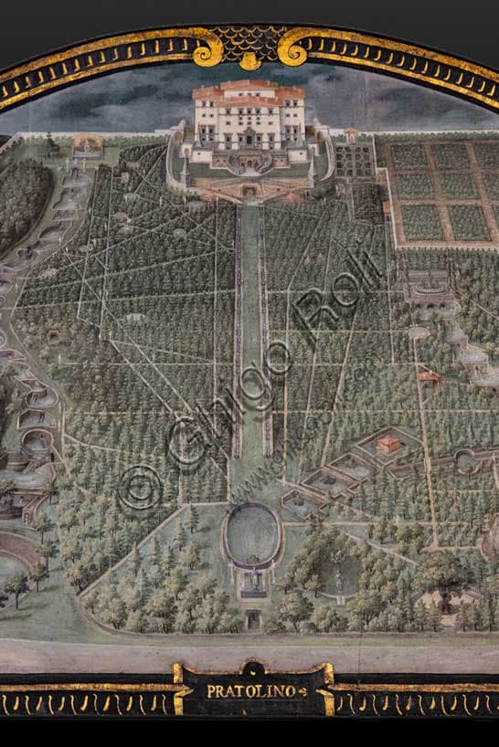 Detail of the lunette painted by Giusto Utens showing an aerial view of the Medici Villa of Pratolino near Florence, Tuscany.