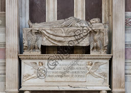 Sculptural detail of the Tomb of Leonardo Bruni by Bernardo Rossellino, Basilica of Santa Croce, Florence, Renaissance