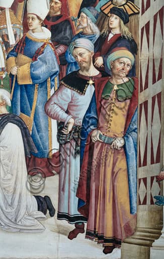 Particolare affresco Pinturicchio con due figure laici in abbigliamento rinascimentale, Libreria Piccolomini, Duomo di Siena